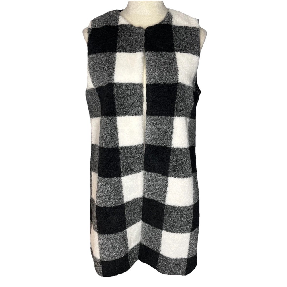 Talbots Women's Black Cream Check Faux Fur Vest S Holiday Dressy Classic Boho